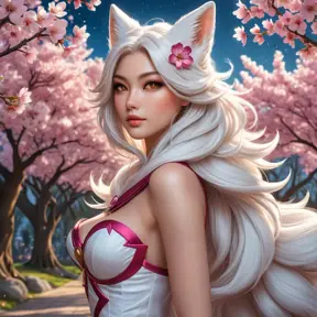 A stunning Ahri, the Nine-Tailed Fox, rendered in a hyper-realistic style with intricate fur details and vibrant, glowing eyes, standing amidst a serene cherry blossom grove under a twilight sky.