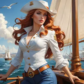 A stunning Miss Fortune, depicted in a vibrant, sunlit harbor scene with billowing sails and seagulls overhead, her pistols gleaming in the sunlight as she eyes her next target, rendered in rich, detailed realism.