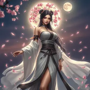 An ethereal Akali, surrounded by a halo of cherry blossom petals, her outfit a blend of traditional and modern styles, set against a twilight sky with a full moon.