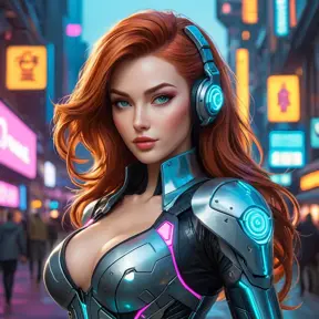 Miss Fortune in a futuristic, cyberpunk cityscape, neon lights reflecting off her cybernetic enhancements, her classic attire fused with high-tech elements, emphasizing her as a symbol of strength and adaptability in a changing world.