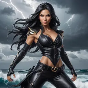 Akali in a high-contrast black leather outfit, posed dramatically against a backdrop of a stormy sea, with lightning illuminating her form.