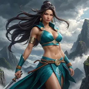 Akali as a mythical warrior, standing atop a mountain peak with a stormy sky overhead, her clothing and weapons detailed with ancient runes and symbols, the wind blowing her hair dramatically.