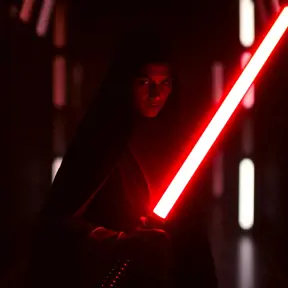 Portrait of a silhouette star wars figure in her red lightsaber, in the style of evocative environmental portraits, dark, red