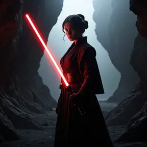 Portrait of a silhouette star wars figure in her red lightsaber, in the style of evocative environmental portraits, dark, red