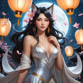 An ethereal Ahri, depicted in a surreal, dream-like setting, surrounded by floating lanterns and cherry petals, her form softly illuminated by a mystical moon, capturing her otherworldly grace.