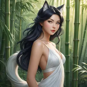 Ahri, portrayed in a classic anime style, with flowing, translucent tails and a gentle, serene expression, standing in a tranquil bamboo forest at dawn, the soft light enhancing her delicate features.