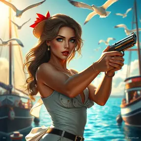 A stunning Miss Fortune, depicted in a vibrant, sunlit harbor scene with billowing sails and seagulls overhead, her pistols gleaming in the sunlight as she eyes her next target, rendered in rich, detailed realism.