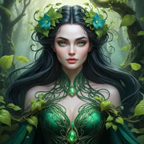 A majestic Morgana, her body composed of interwoven vines and blooming night-blooming flowers, floats above a misty forest floor, her eyes a luminous green, captured in a vibrant, fantasy illustration style.