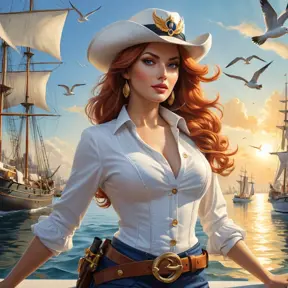 A stunning Miss Fortune, depicted in a vibrant, sunlit harbor scene with billowing sails and seagulls overhead, her pistols gleaming in the sunlight as she eyes her next target, rendered in rich, detailed realism.