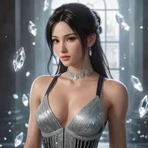 Tifa Lockhart in a classic, elegant dress, surrounded by floating crystals and soft, ethereal light, her expression calm and composed, capturing a moment of peace and reflection