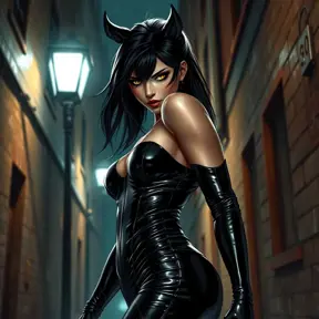 A fierce and alluring Ahri, clad in sleek black leather, her form accentuated by the tight, reflective material, standing under a rain-soaked streetlamp in a dark, urban alley, her eyes glowing with a mysterious light.