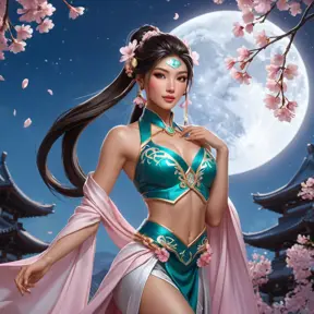 An ethereal Akali, surrounded by a halo of cherry blossom petals, her outfit a blend of traditional and modern styles, set against a twilight sky with a full moon.