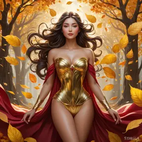 Irelia in a surrealistic scene, surrounded by a whirlwind of autumn leaves, each leaf painted in vivid hues of gold and crimson, her figure almost translucent, blending seamlessly with the natural elements.