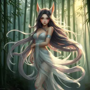 Ahri, portrayed in a playful style, with flowing, translucent tails and a gentle, serene expression, standing in a tranquil bamboo forest at dawn, the soft light enhancing her delicate features.