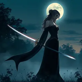 Fiora, the epitome of elegance, is depicted in a serene garden at twilight, her silhouette outlined against the moon, her sword reflecting the soft glow, creating a mystical atmosphere