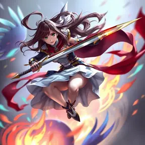 An action shot of Fiora, mid-combat, leaping through the air with her rapier poised to strike, the background a blur of vibrant colors symbolizing her dynamic movements, digital illustration