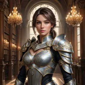 A portrait of Fiora, the noble warrior, in a grand library filled with ancient tomes, her armor gleaming under the soft light of chandeliers, her eyes sharp and focused, rendered in high detail