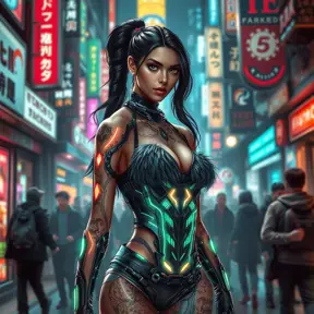 Akali, in a futuristic, cyber-leathered outfit with digital, animated tattoos that glow with neon lights, walking down a bustling, neon-lit street of a cyberpunk city, her eyes sharp and focused as she navigates the crowd.