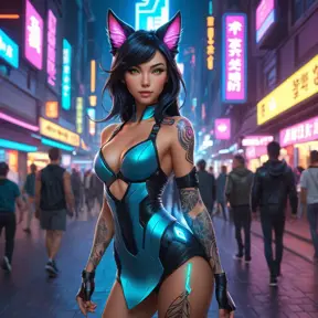 Ahri, in a futuristic, cyberpunk-inspired outfit with digital, animated tattoos that flicker with neon lights, walking down a bustling, neon-lit street of a cyberpunk city, her tail swishing playfully as she navigates the crowd.