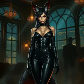 Ahri, the enigmatic fox-woman, clad in form-fitting black leather that accentuates her lithe, feline grace, standing amidst a dimly lit, smoky jazz club with a backdrop of shimmering city lights seen through large, arched windows.