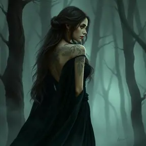 Morgana, with delicate, feather-like tattoos that flutter across her shoulders and down her spine, dressed in a flowing, dark velvet robe, standing in a misty, enchanted forest with ghostly trees surrounding her.