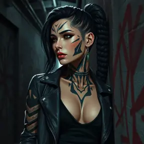 Akali, sporting bold, geometric tattoos that trace the contours of her face and neck, wearing a sleek, leather jacket over a black tank top, leaning against a graffiti-covered wall in a dimly lit, industrial alleyway.