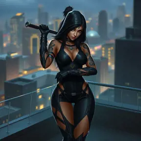 Akali, the stealthy assassin, with striking, tribal-style tattoos that wrap around her arms and torso, wearing a form-fitting, black combat suit, poised in a shadowy, urban rooftop setting with city lights twinkling in the background.