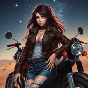 Ahri, in a daring, high-collared leather jacket paired with tight, ripped jeans, leaning against a vintage motorcycle under a starry desert sky, her eyes glowing with a mischievous spark.