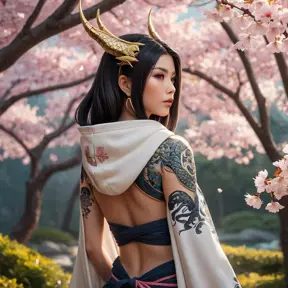 Akali, adorned with intricate, dragon-themed tattoos that cover her back and shoulders, dressed in a traditional, Japanese-inspired outfit with a hood, standing in a serene, cherry blossom grove at dusk.