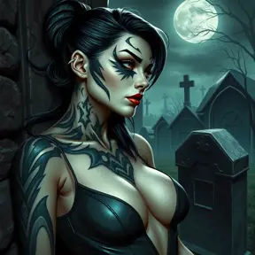 Morgana, sporting bold, demonic-style tattoos that trace the contours of her face and neck, wearing a sleek, leather bodysuit, leaning against a crumbling, ancient stone wall in a desolate, moonlit graveyard.