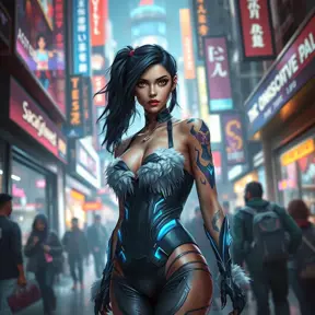 Irelia, in a futuristic, cyber-leathered outfit with digital, animated tattoos that sync with her movements, walking down a bustling, neon-lit street of a futuristic city, her eyes sharp and focused as she navigates the crowd.