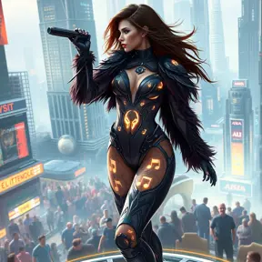 Seraphine, sporting a futuristic, cyber-leathered bodysuit with glowing musical symbols embedded in the design, performing on a floating stage above a crowd in a bustling futuristic cityscape.