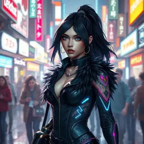 Irelia, in a futuristic, cyber-leathered outfit with digital, animated tattoos that sync with her movements, walking down a bustling, neon-lit street of a futuristic city, her eyes sharp and focused as she navigates the crowd.