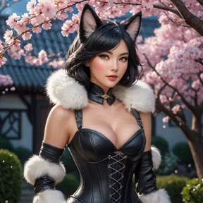 Ahri, with her ears and tail outlined in a soft, luminous fur, wearing a sleek, corset-style leather outfit that hugs her curves, posed in a lush, moonlit garden with cherry blossoms gently falling around her.