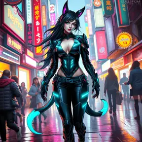 Ahri, adorned in a futuristic, cyberpunk-inspired leather ensemble with neon accents, walking down a bustling, neon-lit street of a cyberpunk city, her tail swishing playfully as she navigates the crowd.