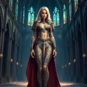 Kayle, adorned with intricate, sword-inspired tattoos that wrap around her legs and torso, dressed in a majestic, medieval-style robe with a high collar, standing in a grand, cathedral-like hall with stained-glass windows casting colorful light.