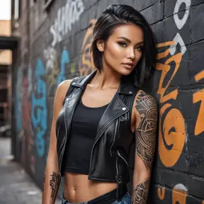 Akali, sporting bold, geometric tattoos that trace the contours of her face and neck, wearing a sleek, leather jacket over a black tank top, leaning against a graffiti-covered wall in a dimly lit, industrial alleyway.