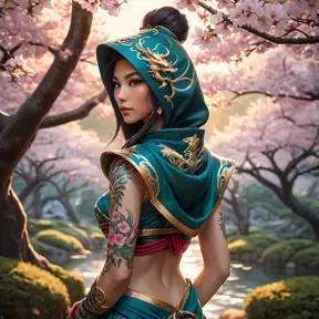 Akali, adorned with intricate, dragon-themed tattoos that cover her back and shoulders, dressed in a traditional, Japanese-inspired outfit with a hood, standing in a serene, cherry blossom grove at dusk.