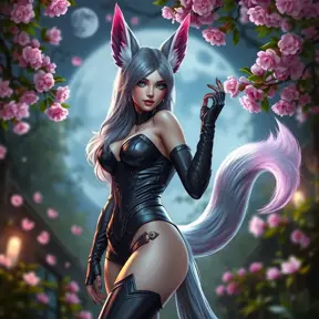 Ahri, with her ears and tail outlined in a soft, luminous fur, wearing a sleek, corset-style leather outfit that hugs her curves, posed in a lush, moonlit garden with cherry blossoms gently falling around her.