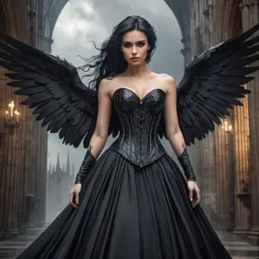 Morgana, the fallen angel, with dark, angelic-themed tattoos that cover her wings and back, wearing a dramatic, black corset and long, flowing skirt, standing in a stormy, gothic cathedral with lightning flashing outside.