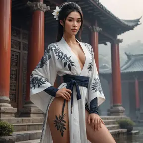 Akali, with delicate, floral tattoos that bloom across her wrists and ankles, dressed in a flowing, assassin's robe that subtly reveals her ink, standing in a misty, ancient temple courtyard.