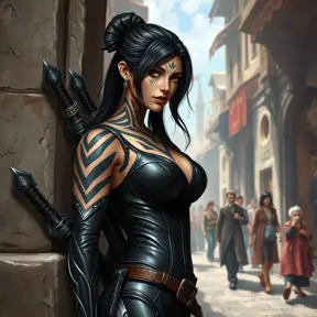 Irelia, sporting bold, geometric tattoos that trace the contours of her face and neck, wearing a sleek, black combat suit with her blades strapped to her back, leaning against a stone wall in a bustling, ancient marketplace.