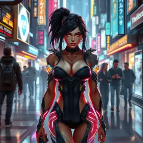 Irelia, in a futuristic, cyber-leathered outfit with digital, animated tattoos that sync with her movements, walking down a bustling, neon-lit street of a futuristic city, her eyes sharp and focused as she navigates the crowd.