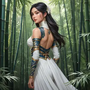 Irelia, the graceful bladesinger, with elegant, floral-inspired tattoos that cover her arms and back, wearing a traditional, Ionian-style outfit with a high collar, standing in a serene, bamboo forest with her blades poised.