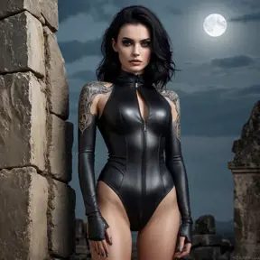 Morgana, sporting bold, demonic-style tattoos that trace the contours of her face and neck, wearing a sleek, leather bodysuit, leaning against a crumbling, ancient stone wall in a desolate, moonlit graveyard.