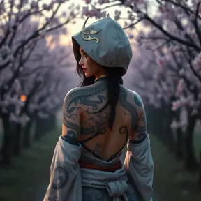 Akali, adorned with intricate, dragon-themed tattoos that cover her back and shoulders, dressed in a traditional, Japanese-inspired outfit with a hood, standing in a serene, cherry blossom grove at dusk.