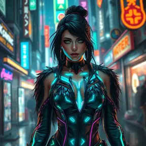 Akali, in a futuristic, cyber-leathered outfit with digital, animated tattoos that glow with neon lights, walking down a bustling, neon-lit street of a cyberpunk city, her eyes sharp and focused as she navigates the crowd.