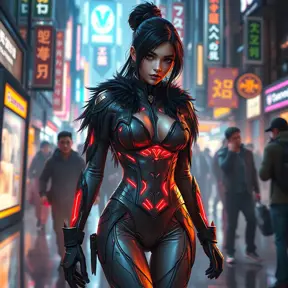 Irelia, in a futuristic, cyber-leathered outfit with digital, animated tattoos that sync with her movements, walking down a bustling, neon-lit street of a futuristic city, her eyes sharp and focused as she navigates the crowd.