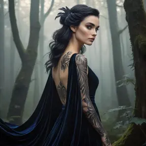 Morgana, with delicate, feather-like tattoos that flutter across her shoulders and down her spine, dressed in a flowing, dark velvet robe, standing in a misty, enchanted forest with ghostly trees surrounding her.