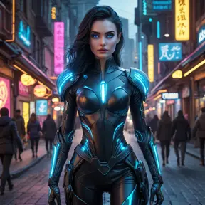 Morgana, in a futuristic, cyber-leathered outfit with digital, animated tattoos that flicker with dark energy, walking down a dimly lit, neon-lit street of a dystopian city, her eyes glowing with a mysterious light.